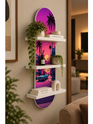 Soprano Pembe Gün Batımında Klasik Otomobil Temalı 3 Raflı Oval Duvar Rafı, 70 x 25 Cm, Mdf