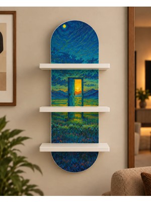 Onyxlab Yıldızlı Kırda Işıklı Açık Kapı Temalı 3 Raflı Oval Duvar Rafı, 70 x 25 Cm, Mdf