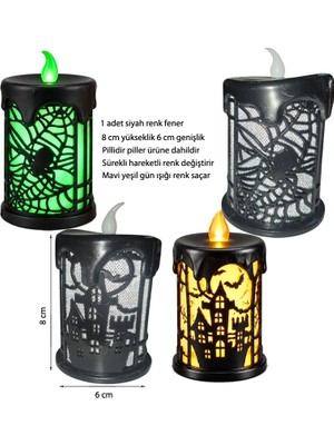 Pandoli Çift Desenli LED Işıklı Siyah Renk Halloween Temalı Plastik Yuvarlak Fener 1 Adet Mini Boy 8 x 6 cm
