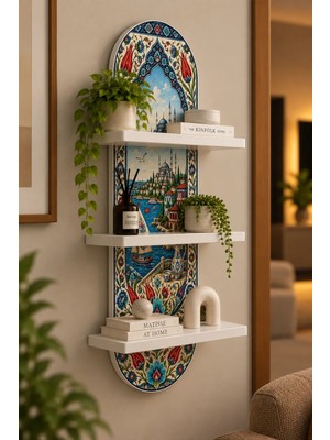 Soprano Çini Desenli Istanbul ve Yelkenli Temalı 3 Raflı Oval Duvar Rafı, 70 x 25 Cm, Mdf