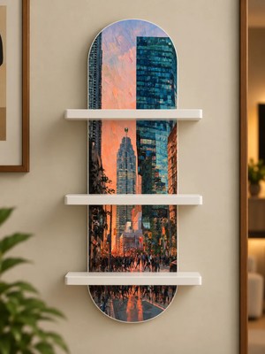 Soprano Gün Batımı Tonlarında Şehir Caddesi Temalı 3 Raflı Oval Duvar Rafı, 70 x 25 Cm, Mdf
