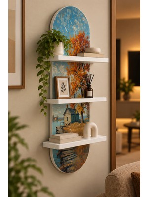 Soprano Göl Kıyısında Sonbahar Ağacı ve Ev Temalı 3 Raflı Oval Duvar Rafı, 70 x 25 Cm, Mdf
