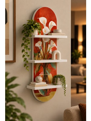 Soprano Kırmızı Fonda Vazoda Beyaz Çiçekler Temalı 3 Raflı Oval Duvar Rafı, 70 x 25 Cm, Mdf