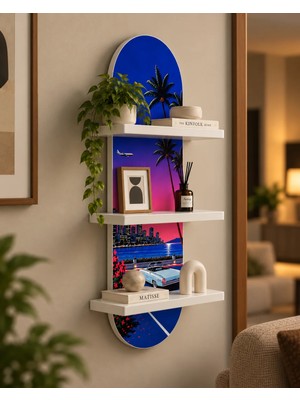 Onyxlab Neon Sahil Şehri ve Beyaz Otomobil Temalı 3 Raflı Oval Duvar Rafı, 70 x 25 Cm, Mdf