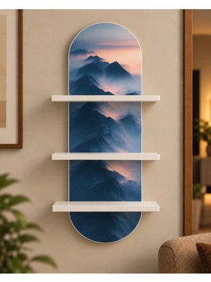 Soprano Pastel Gökyüzü Altında Sisli Dağlar Temalı 3 Raflı Oval Duvar Rafı, 70 x 25 Cm, Mdf