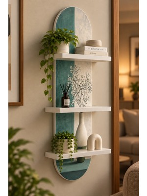 Onyxlab Yeşil Beyaz Fonda Çiçekli Vazo Temalı 3 Raflı Oval Duvar Rafı, 70 x 25 Cm, Mdf