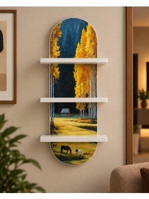 Soprano Sonbahar Ağaçları Arasında Otlayan Atlar Temalı 3 Raflı Oval Duvar Rafı, 70 x 25 Cm, Mdf