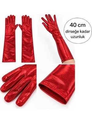 Pandoli Halloween Retro Nightclub Vintage Opera Kırmızı Renk Lame Kumaş Yetişkin Eldiveni 40 cm 1 Çift