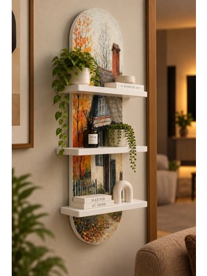Soprano Sonbahar Ağaçları Arasında Kır Evi Temalı 3 Raflı Oval Duvar Rafı, 70 x 25 Cm, Mdf