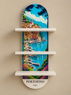 Onyxlab Portofino Yazılı Renkli Kıyı Kasabası Temalı 3 Raflı Oval Duvar Rafı, 70 x 25 Cm, Mdf
