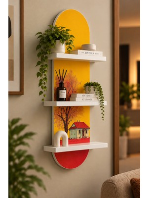 Soprano Sarı Kırmızı Fonda Küçük Ev ve Ağaç Temalı 3 Raflı Oval Duvar Rafı, 70 x 25 Cm, Mdf