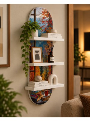 Soprano Sonbahar Penceresi, Kitaplar ve Fincan Temalı 3 Raflı Oval Duvar Rafı, 70 x 25 Cm, Mdf