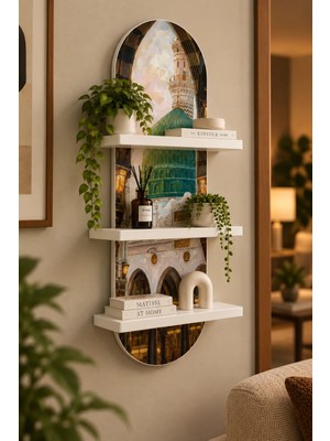 Soprano Yeşil Kubbeli ve Minareli Tarihi Yapı Temalı 3 Raflı Oval Duvar Rafı, 70 x 25 Cm, Mdf