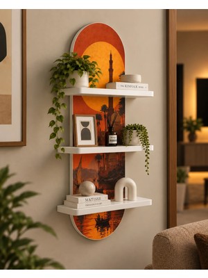 Onyxlab Turuncu Gün Batımında Minareli Kıyı Temalı 3 Raflı Oval Duvar Rafı, 70 x 25 Cm, Mdf