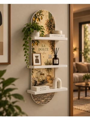 Soprano La Dolce Vita Yazılı Limonlu Avlu Temalı 3 Raflı Oval Duvar Rafı, 70 x 25 Cm, Mdf