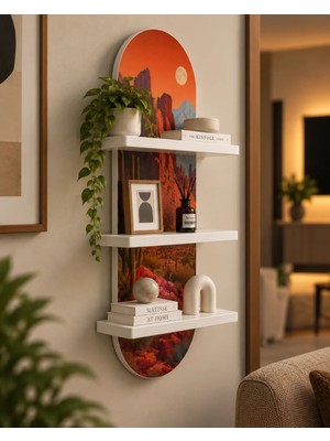 Soprano Kızıl Çöl Kayalıkları ve Ay Temalı 3 Raflı Oval Duvar Rafı, 70 x 25 Cm, Mdf