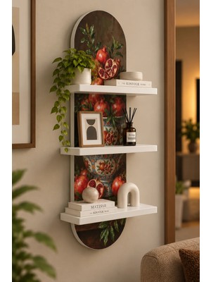 Onyxlab Desenli Kâsede Kırmızı Narlar Temalı 3 Raflı Oval Duvar Rafı, 70 x 25 Cm, Mdf