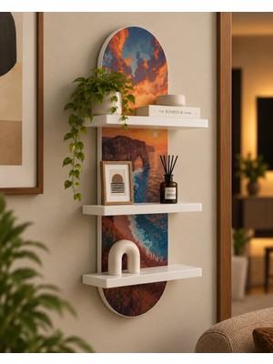 Soprano Gün Batımında Kıyı Kayalıkları ve Kemer Temalı 3 Raflı Oval Duvar Rafı, 70 x 25 Cm, Mdf