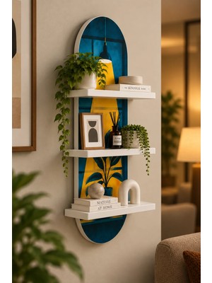 Soprano Sarı Işık Altında Saksı Bitkisi Temalı 3 Raflı Oval Duvar Rafı, 70 x 25 Cm, Mdf