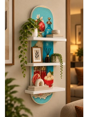 Soprano Turkuaz Fonda Nar ve Seramikler Temalı 3 Raflı Oval Duvar Rafı, 70 x 25 Cm, Mdf