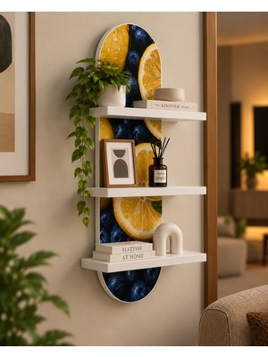 Soprano Sarı Limonlar ve Koyu Mavi Meyveler Temalı 3 Raflı Oval Duvar Rafı, 70 x 25 Cm, Mdf