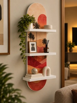 Soprano Sıcak Tonlarda Geometrik Palmiyeler Temalı 3 Raflı Oval Duvar Rafı, 70 x 25 Cm, Mdf