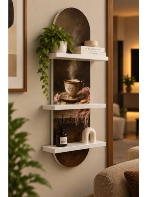 Onyxlab Buharlı Fincan ve Kurabiyeler Temalı 3 Raflı Oval Duvar Rafı, 70 x 25 Cm, Mdf