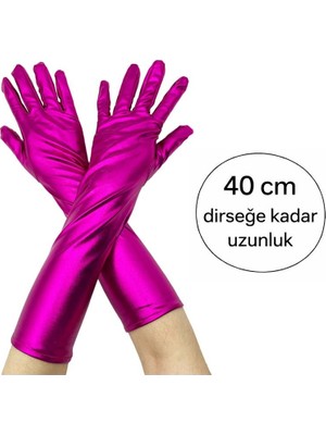 Pandoli Halloween Retro Nightclub Vintage Opera Fuşya Renk Lame Kumaş Yetişkin Eldiveni 40 cm 1 Çift
