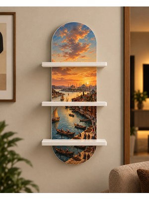 Soprano Gün Batımında Tarihi Kıyı ve Tekneler Temalı 3 Raflı Oval Duvar Rafı, 70 x 25 Cm, Mdf