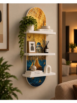 Soprano Kubbe, Minare ve Yelkenli Kompozisyonu Temalı 3 Raflı Oval Duvar Rafı, 70 x 25 Cm, Mdf
