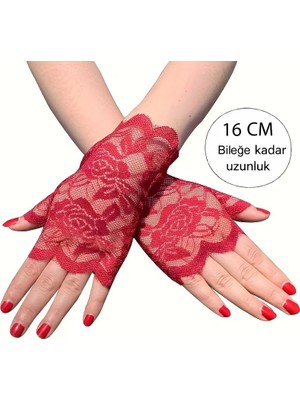 Pandoli Halloween Retro Vintage Kırmızı Renk Bilekten Dantelli Parmaksız Yetişkin Eldiveni 16 cm 1 Çift