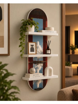 Soprano Sütunlu Yapıda Gökyüzü Yansıması Temalı 3 Raflı Oval Duvar Rafı, 70 x 25 Cm, Mdf