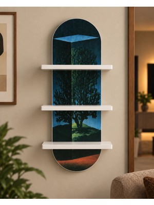 Soprano Koyu Fonda Geometrik Küp ve Ağaç Temalı 3 Raflı Oval Duvar Rafı, 70 x 25 Cm, Mdf