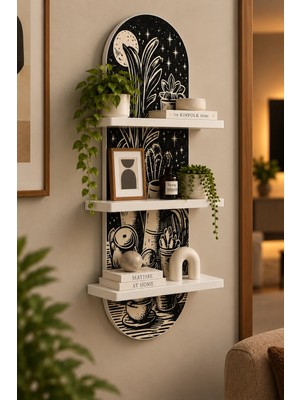 Soprano Siyah Beyaz Saksı Bitkileri Çizimi Temalı 3 Raflı Oval Duvar Rafı, 70 x 25 Cm, Mdf