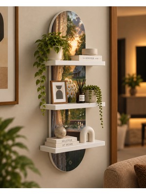 Soprano Pencere Önünde Papatyalar ve Kır Evi Temalı 3 Raflı Oval Duvar Rafı, 70 x 25 Cm, Mdf