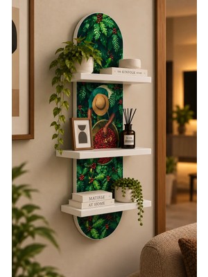 Soprano Tropik Yapraklar ve Meyve Sepeti Temalı 3 Raflı Oval Duvar Rafı, 70 x 25 Cm, Mdf
