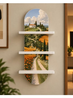 Soprano Servili Kır Yolu ve Tepedeki Ev Temalı 3 Raflı Oval Duvar Rafı, 70 x 25 Cm, Mdf
