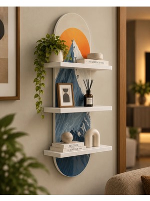 Soprano Turuncu Güneş ve Karlı Dağ Zirvesi Temalı 3 Raflı Oval Duvar Rafı, 70 x 25 Cm, Mdf