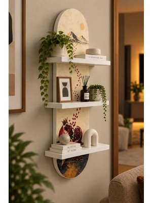 Soprano Nar Taneleri ve Dağ Kompozisyonu Temalı 3 Raflı Oval Duvar Rafı, 70 x 25 Cm, Mdf