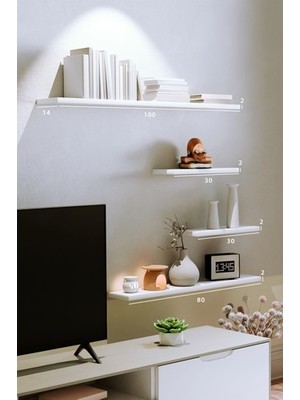 yankı-byeg 4lü 100  cm  80  cm  30  cm  Mat Beyaz Mdf Uçan Gizli Bağlantı Dekoratif Duvar Rafı Kitaplık Tv Ünitesi
