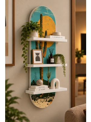 Soprano Turkuaz Fonda Kaktüs ve Güneş Temalı 3 Raflı Oval Duvar Rafı, 70 x 25 Cm, Mdf