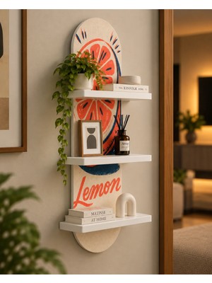 Soprano Lemon Yazılı Narenciye Illüstrasyonu Temalı 3 Raflı Oval Duvar Rafı, 70 x 25 Cm, Mdf