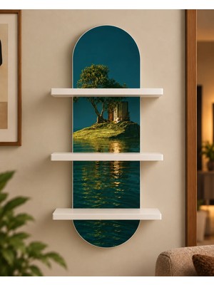 Soprano Küçük Adada Ağaç ve Taş Yapı Temalı 3 Raflı Oval Duvar Rafı, 70 x 25 Cm, Mdf
