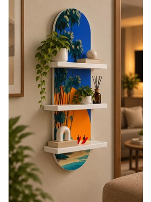Soprano Büyük Güneşli Tropik Sahil Temalı 3 Raflı Oval Duvar Rafı, 70 x 25 Cm, Mdf
