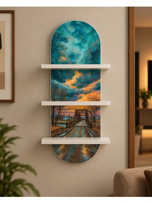 Soprano Bulutlu Gökyüzü Altında Eski Köprü Temalı 3 Raflı Oval Duvar Rafı, 70 x 25 Cm, Mdf