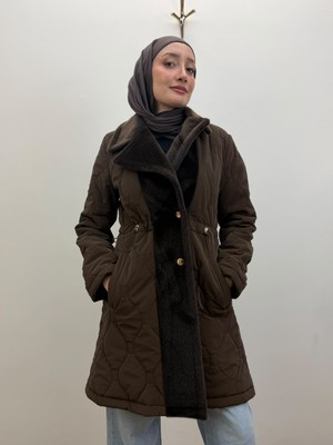 JOOQSTORE Kürk Yaka Kapitone Beli Büzgülü Kaban