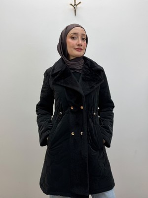 JOOQSTORE Kürk Yaka Kapitone Beli Büzgülü Kaban