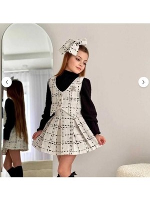 Aykidsclup Kız Çocuk Ekose Desenli Yelek Etek Badi Etekli Takım 0311