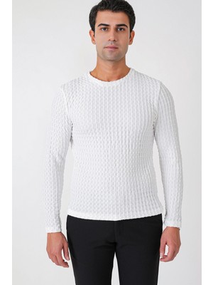 Efor Slim Fit Esnek Pamuklu Dokulu Kumaş Uzun Kollu Ekru Tişört Ts 934