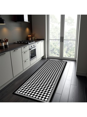 Nesa Decor Damalı Geometrik Desenli Siyah Beyaz Mutfak Halısı Koridor Yolluk